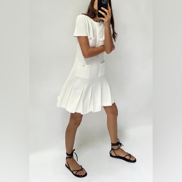 open lace back dress Zara Square Neckline Box Pleated Dress